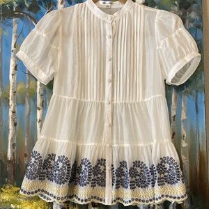 Anthropologie Silk Cotton Blend Embroidered Tiered Top P2P 16 in. (Ink Mark)
